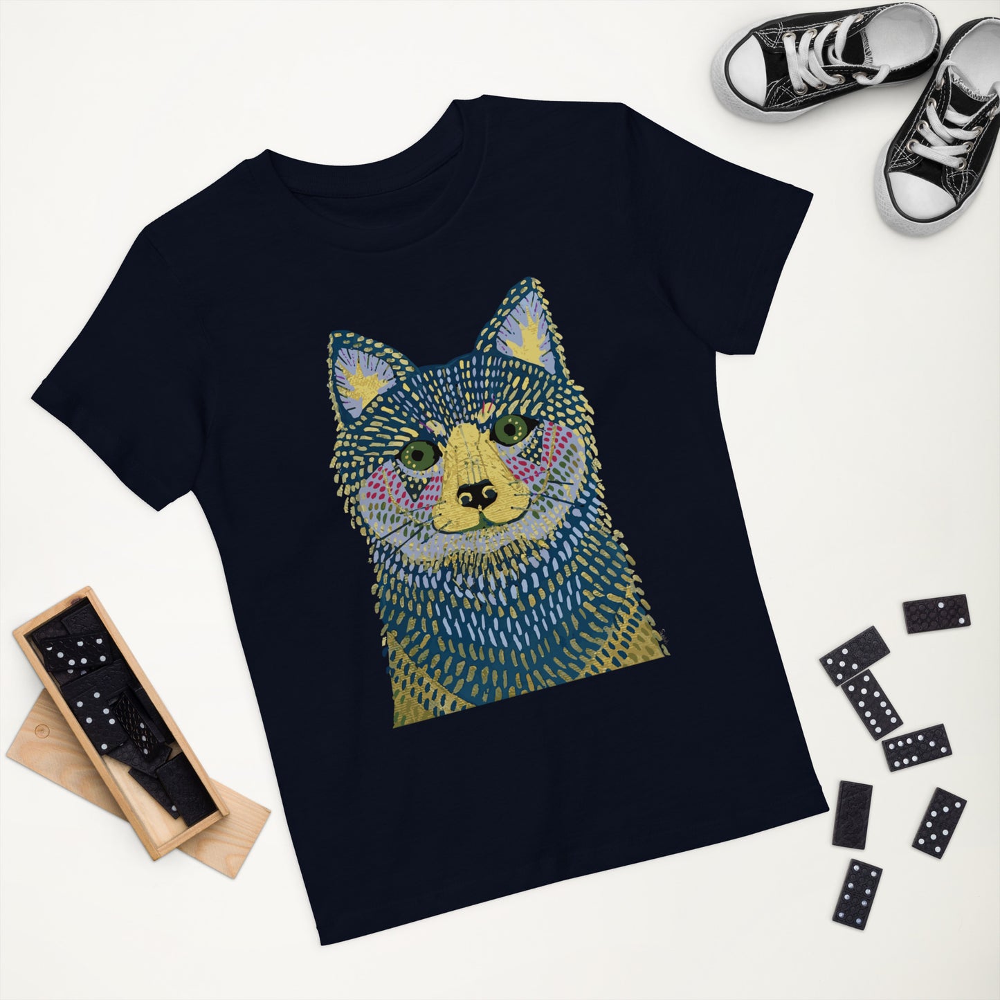 028-SHIKA-dog-前面プリント キッズ オーガニックコットン Tシャツ アートをデザイン