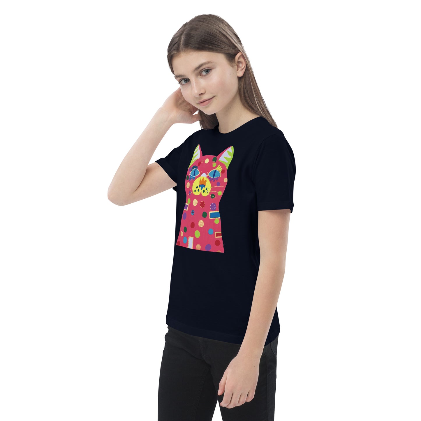 028-SHIKA-cat-前面プリント キッズ オーガニックコットン Tシャツ アートをデザイン