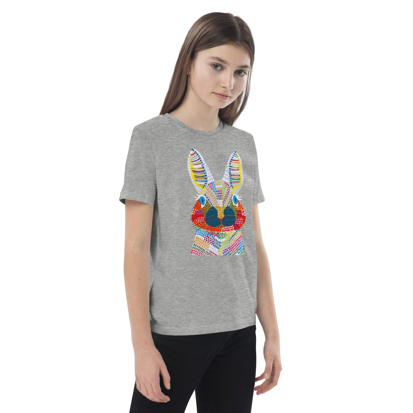 028-SHIKA-rabbit-前面プリント キッズ オーガニックコットン Tシャツ アートをデザイン