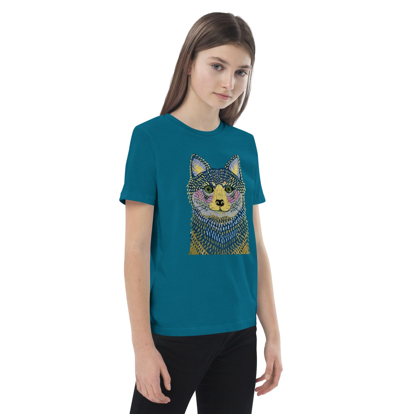 028-SHIKA-dog-前面プリント キッズ オーガニックコットン Tシャツ アートをデザイン