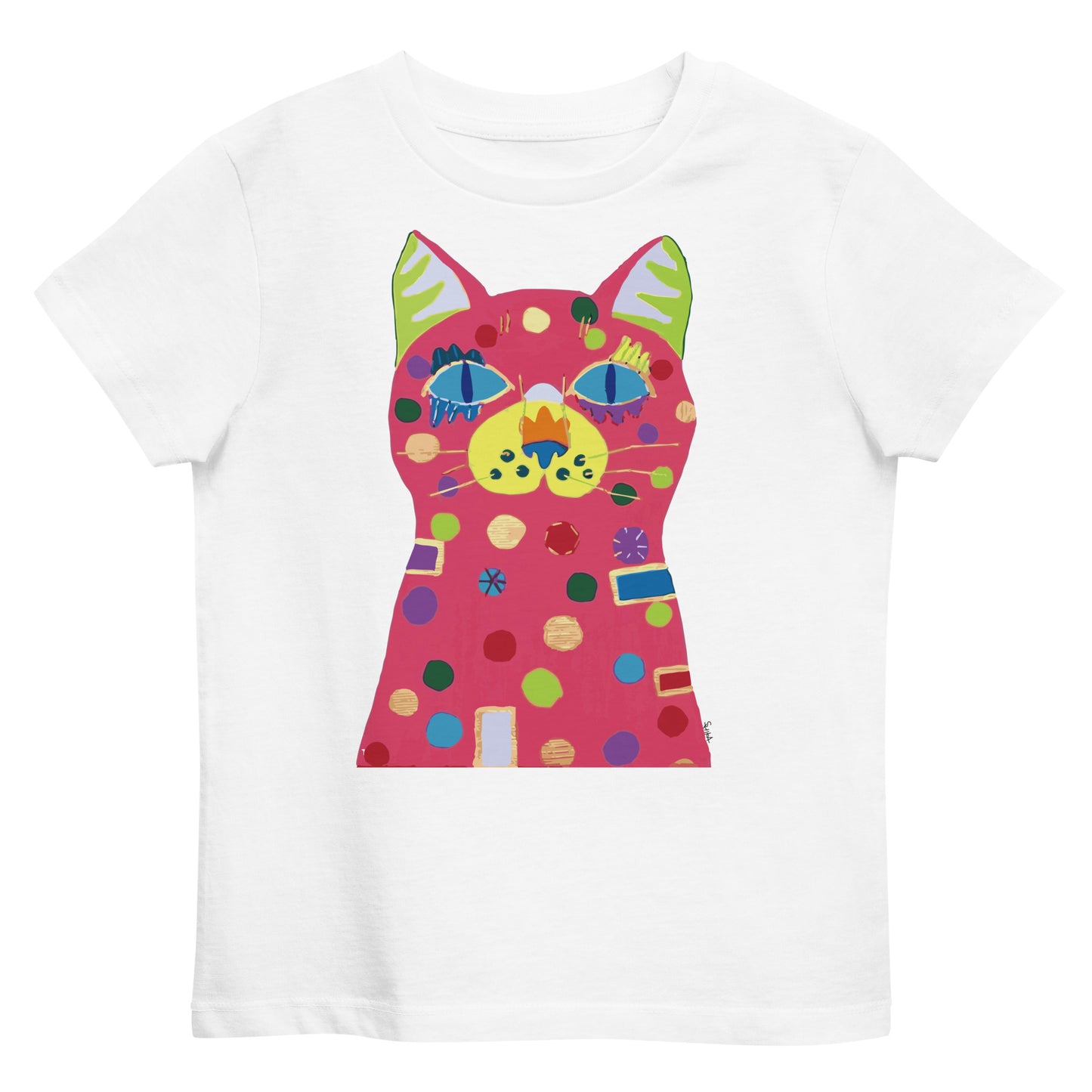 028-SHIKA-cat-前面プリント キッズ オーガニックコットン Tシャツ アートをデザイン