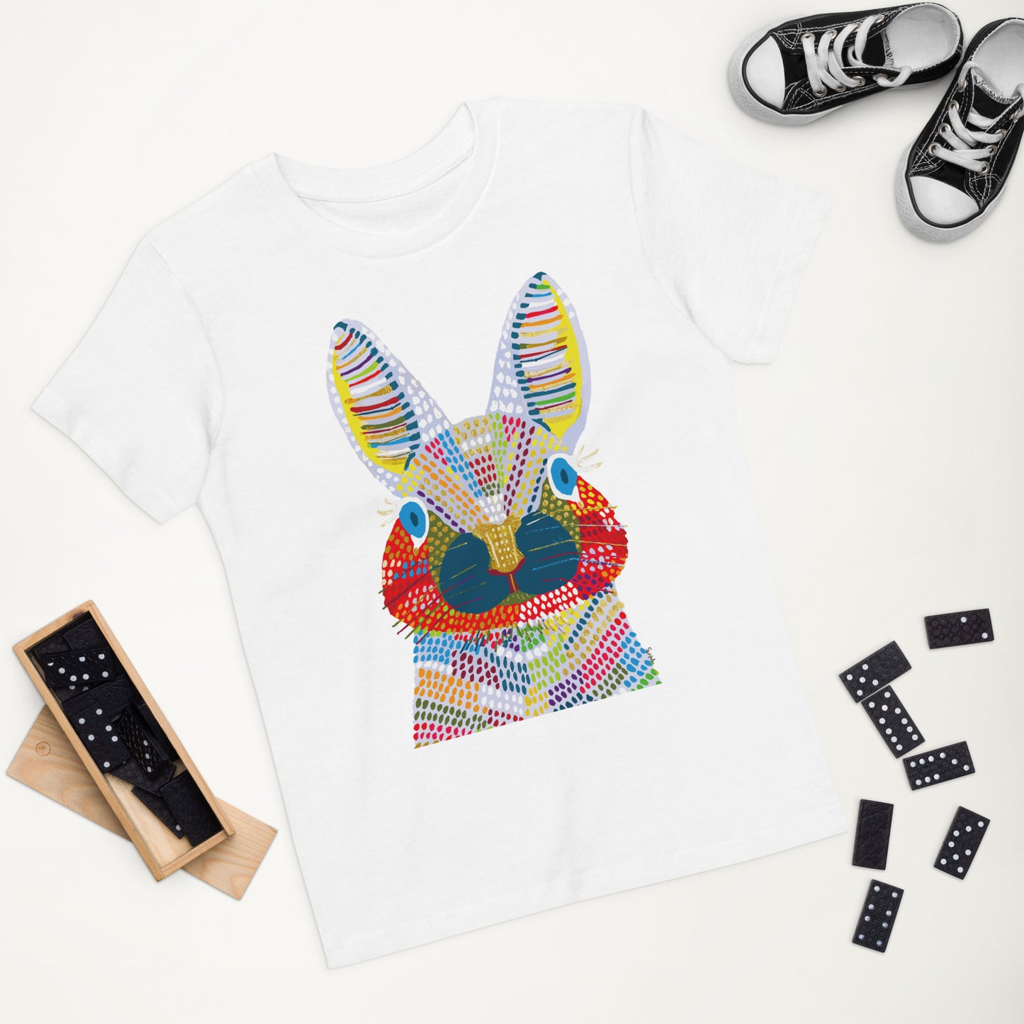 028-SHIKA-rabbit-前面プリント キッズ オーガニックコットン Tシャツ アートをデザイン